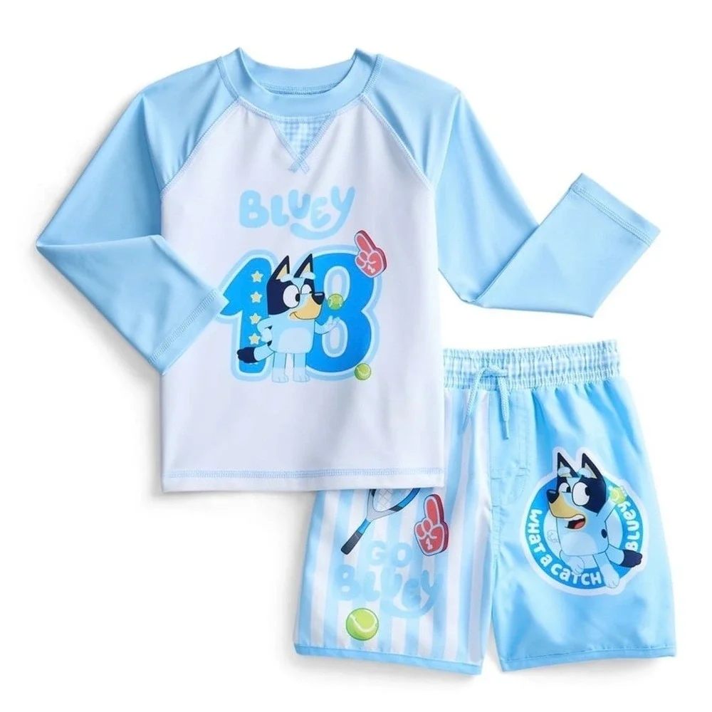 Bluey Toddler Boy Long Sleeve Rash Guard and Trunk Swim Set 2 Piece Blue 4T